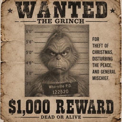 Vintage wanted poster featuring a grumpy green Grinch-style character and reward text.