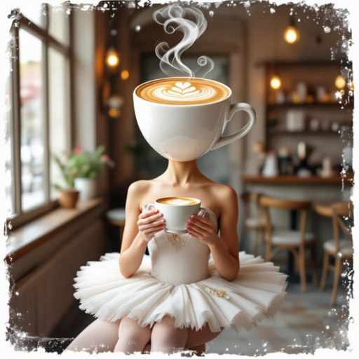 Una ballerina con testa di tazza con cappuccino