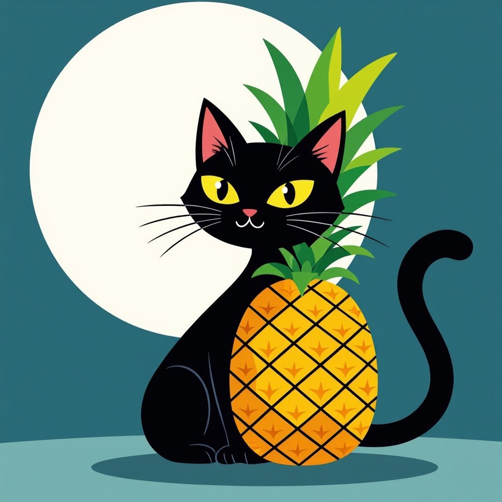 Um gato fofinho e bravo com o torso feito de abacaxi