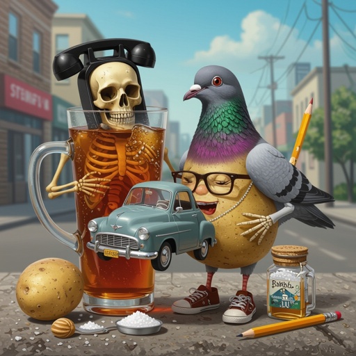 Iced tea with skeleton with phone head with pigeon with grey car body wear 2 shoes 4 pigeon leg with pencil with human face with salt and honey potato with human face wear glasses and necklace 1 human hand is good in city