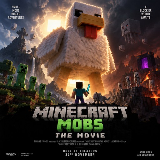 Cinematic Minecraft movie poster with blocky mobs, sunset colors, and bold title text