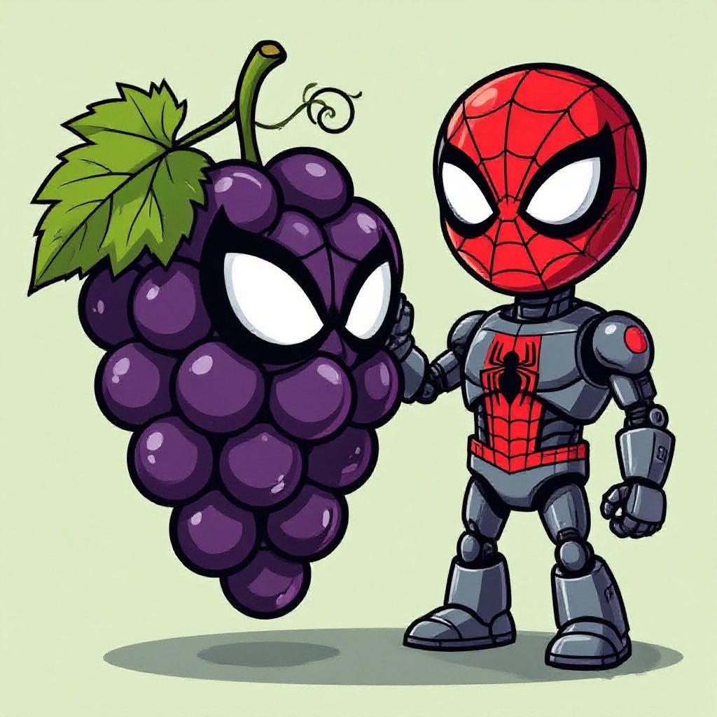 Hazme a una uva con cara de spider-man y cuerpo de robot