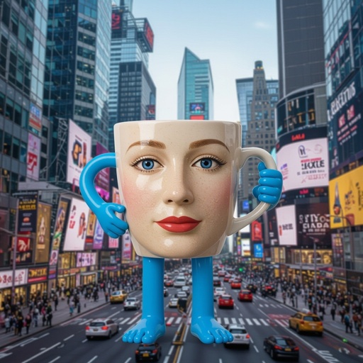 Cup water with human face 2 blue arm 2 blue leg in city