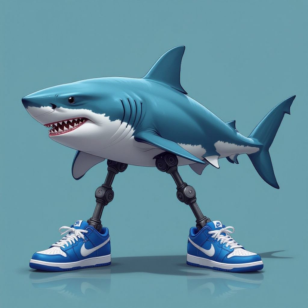 Uno squalo con tre gambe con le Nike azzurre