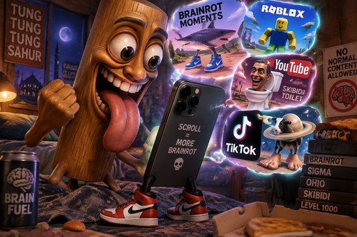 Colorful brainrot collage with a cartoon log, phone apps, Roblox, and YouTube imagery