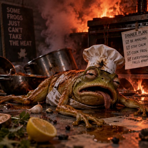 Surreal cartoon frog chef amid fiery kitchen chaos with lemons and cooking pots