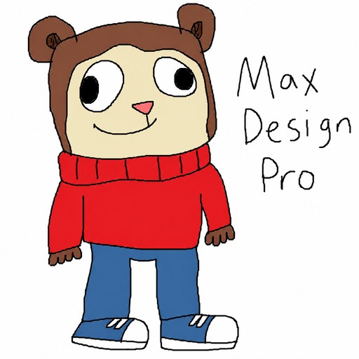 Cartoon person in red sweater and blue pants beside handwritten “Max Design Pro” text