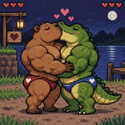 Pixel art of a brown bear and green crocodile hugging outdoors at night.