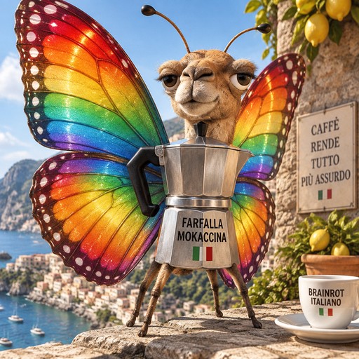 A camel with rainbow butterfly wings beside a coffee pot and coastal café scene