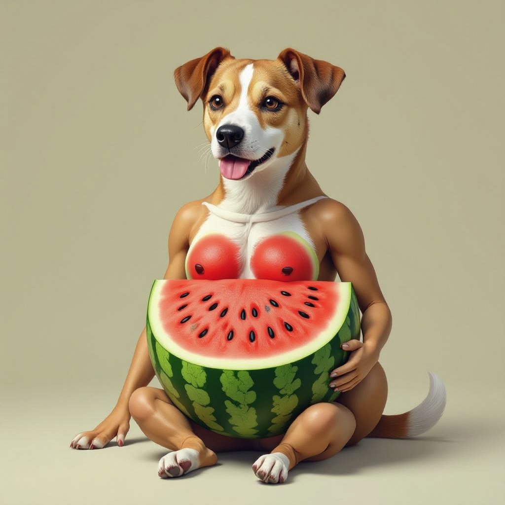 Umano con la testa di cane e il corpo di anguria