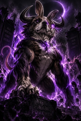 Muscular horned wolf creature amid purple flames and dark gothic buildings, digital fantasy art