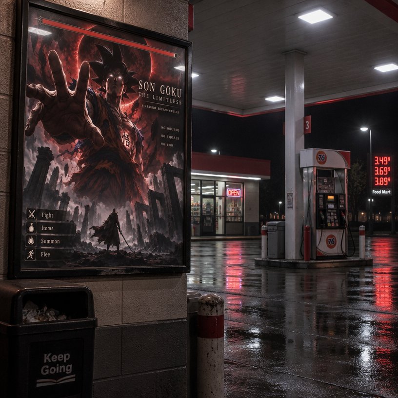 Dark, reflective gas station with a large fantasy movie poster and red signage.