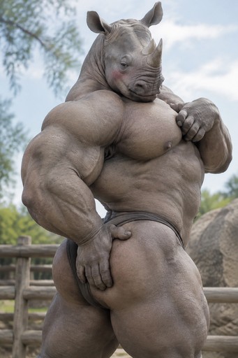 Muscular gray rhinoceros humanoid character posing outdoors in a realistic style