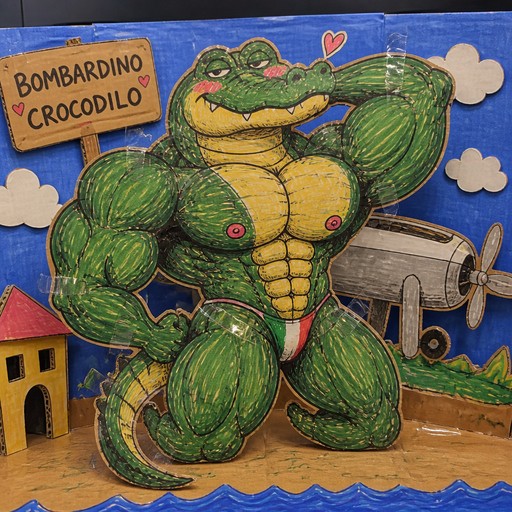 Colorful cartoon crocodile with coconuts, barrel, village, clouds, and ocean waves.