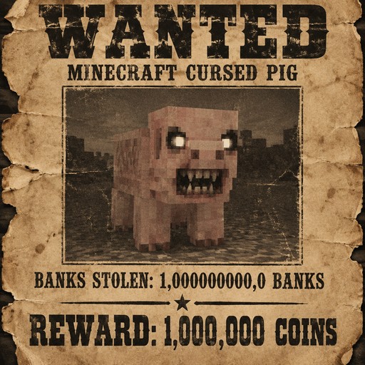 Minecraft cursed pig on a sepia wanted poster with blocky lettering and coins reward text.