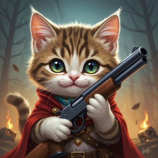 Un gatto con la faccia da bambino con un fucile a pompa
