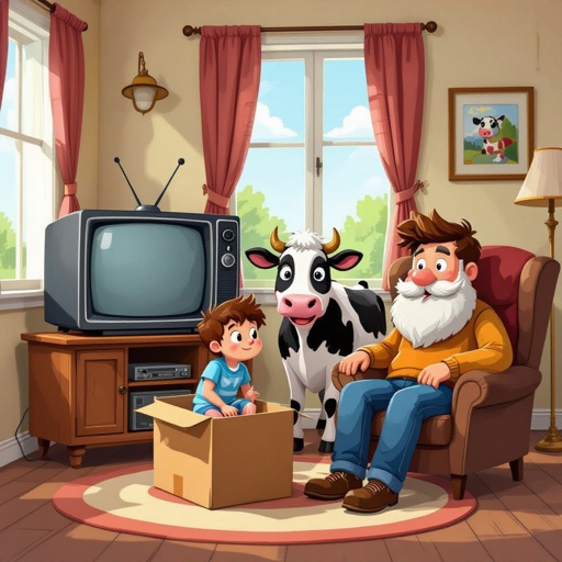Me and my friend a tv and mateo and chair an box and cow