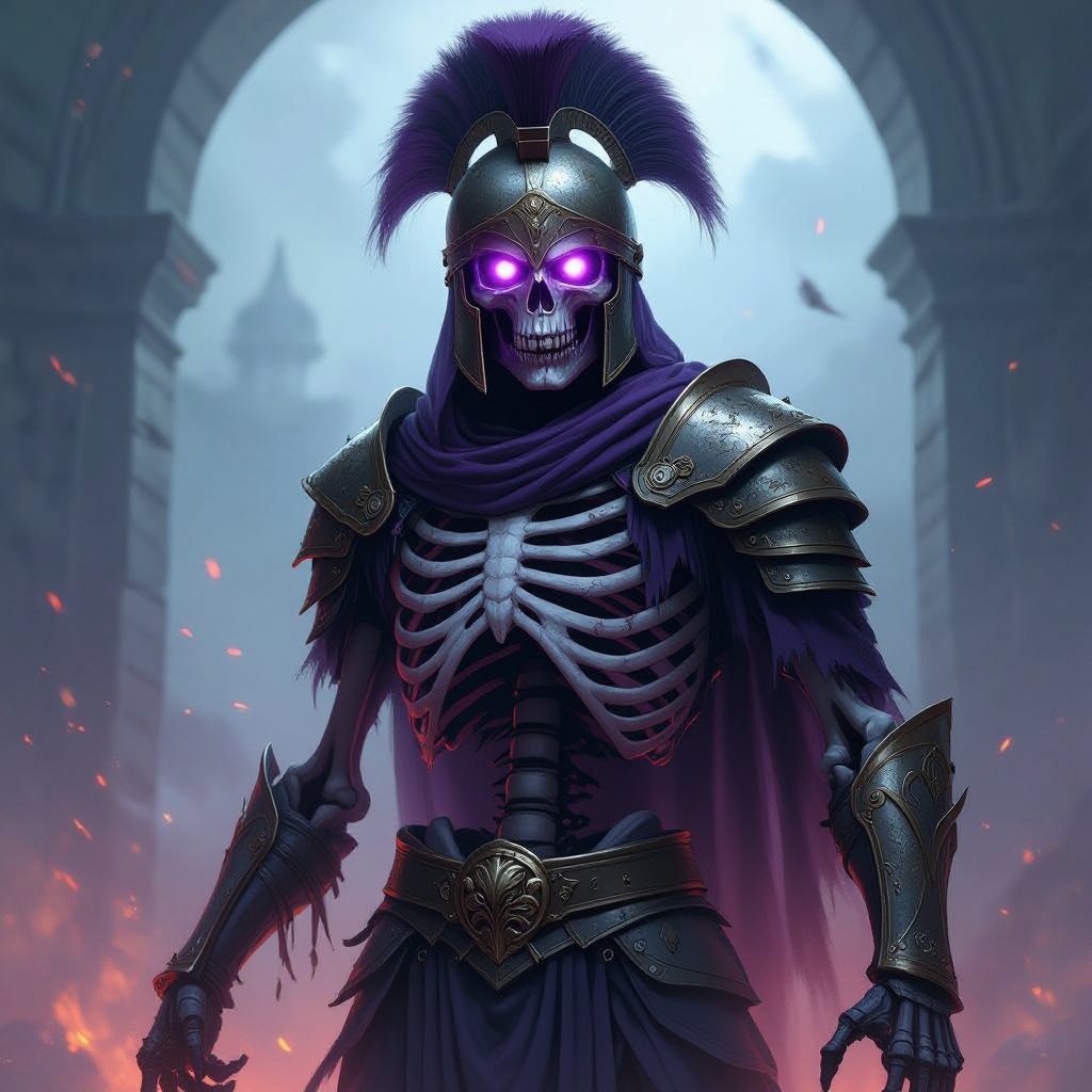 Um skeleto fantasma de com capacete de gladiador e olhos roxos