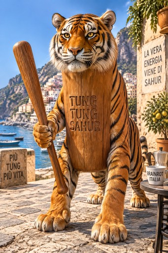 Cartoon tiger holding a wooden plank in a sunny beachside café scene