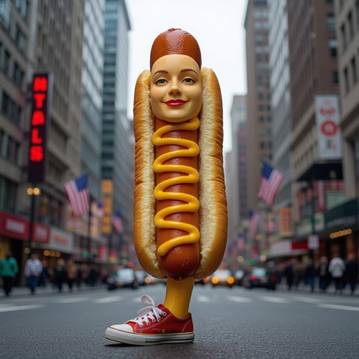 Corn dog with human face 1 human leg in city