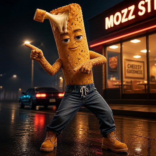 Animated breadstick character dancing outside a brightly lit restaurant at night.