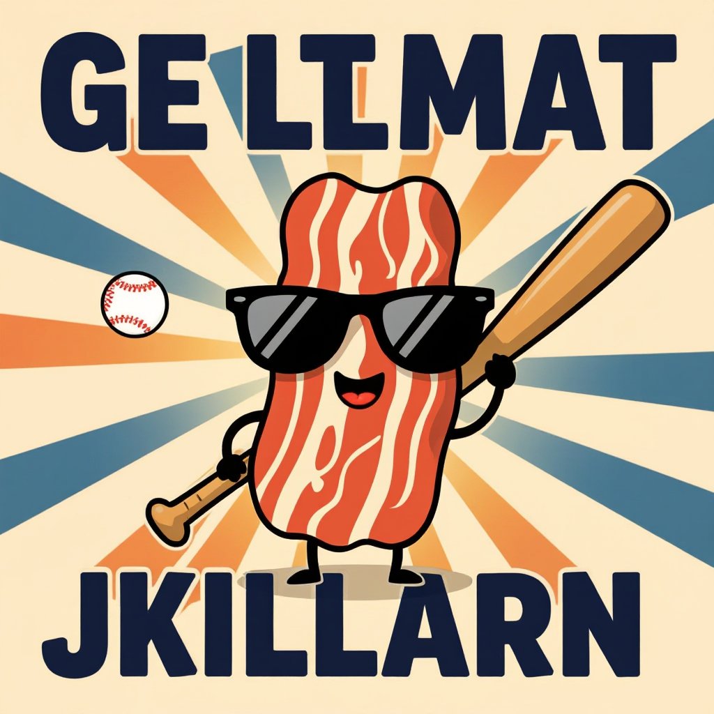 Um bacon de óculos escuros e com um taco de baseball na mão