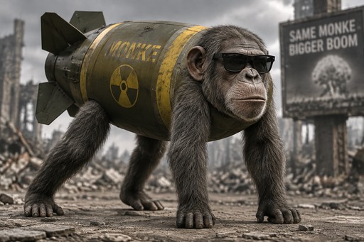 A chimpanzee with a rocket body walks beneath a “Same Monke, Bigger Boom” sign.