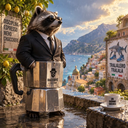 Anthropomorphic raccoon in a suit holding a sign overlooking a colorful coastal village.