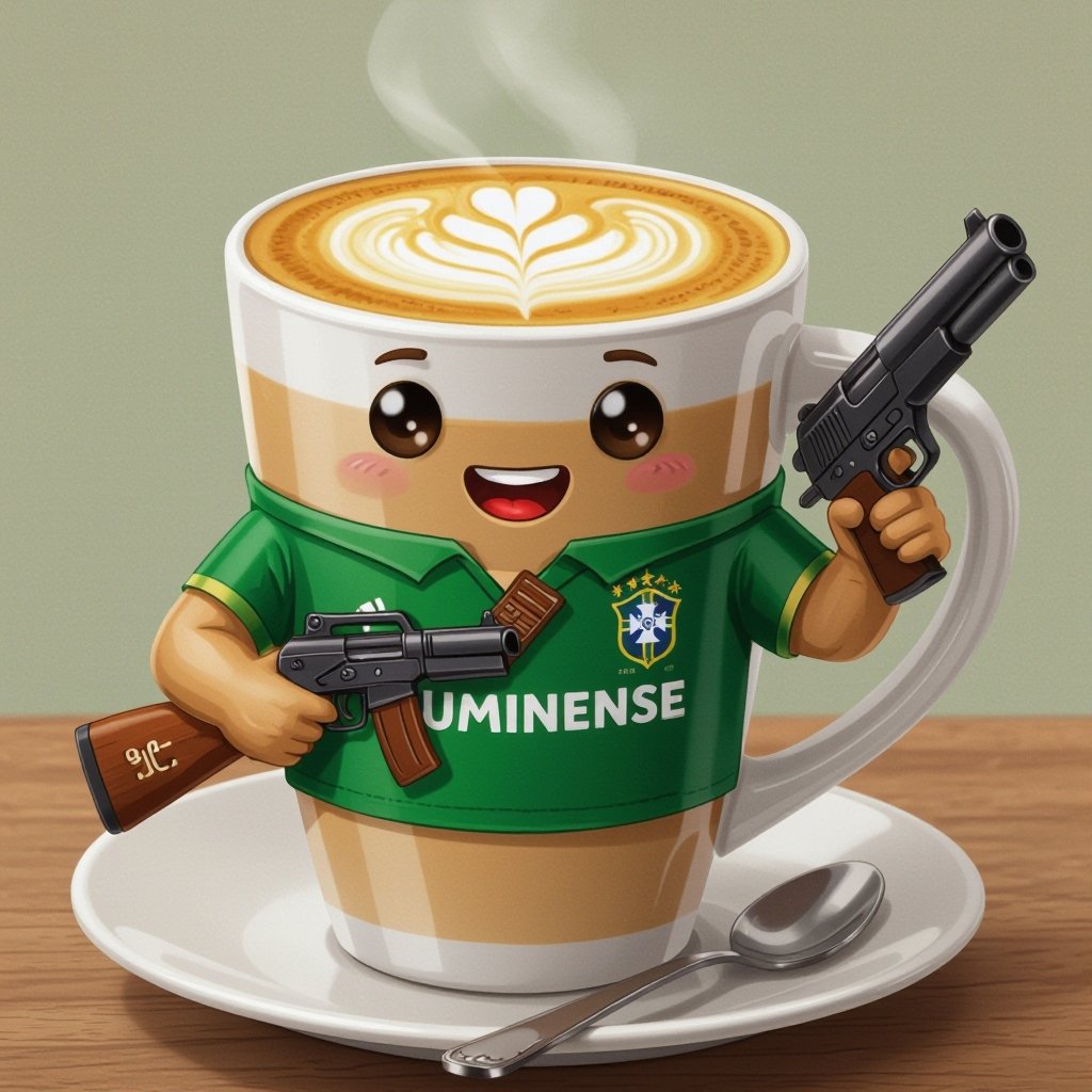 Um café com leite com blusa do fluminense e uma arma na mão