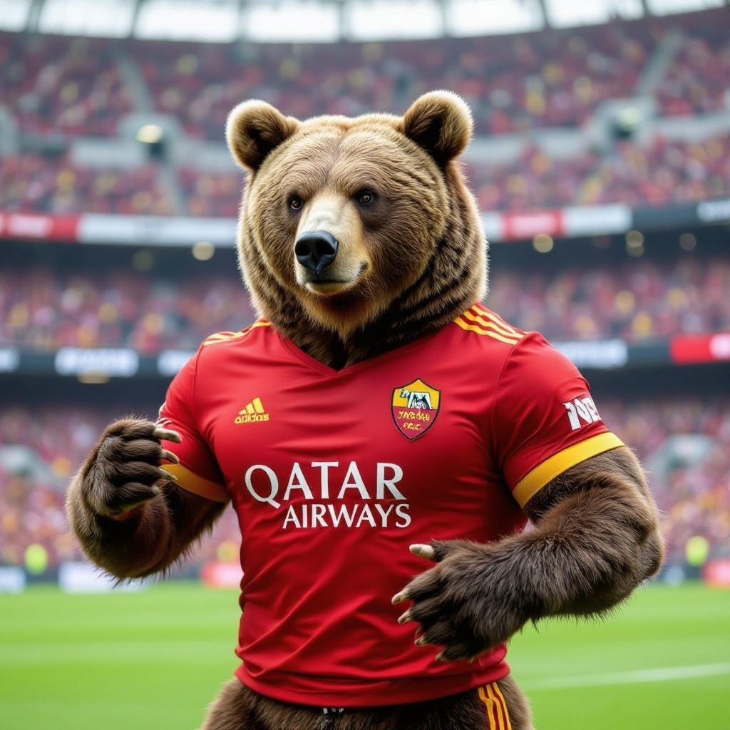 Un orso muscoloso allo stadio con la maglia della Roma