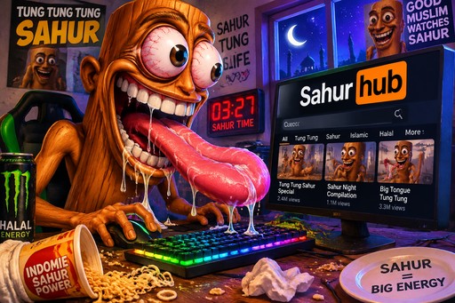 Colorful surreal cartoon person at a gaming setup with oversized tongue and energy drinks