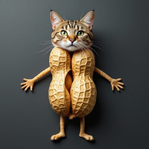 A peanut with two human legs and a cat head