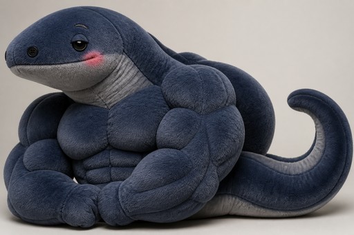Cartoon-style blue muscular sea serpent plush sitting with its tail curled upward