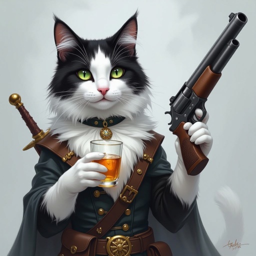 Gatto bianco e nero con un fucile a pompa e che beve la vodka e con un fucile in fronte