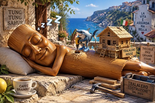 Surreal collage of a sleeping figure on a log beside a mountain village and signs