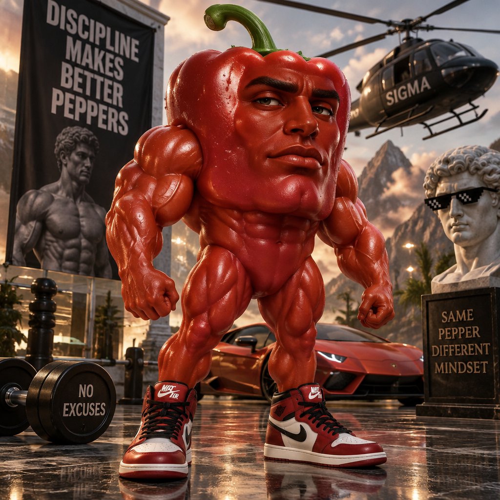 Muscular red pepper character wearing sneakers amid motivational signs and a helicopter, surreal meme style