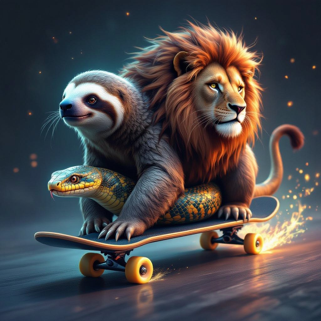 Half sloth half snake half lion on a skate