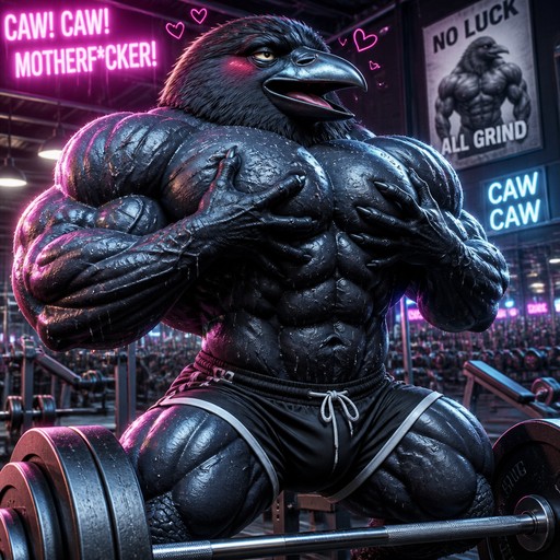 Muscular anthropomorphic crow lifting a barbell in a neon-lit gym.