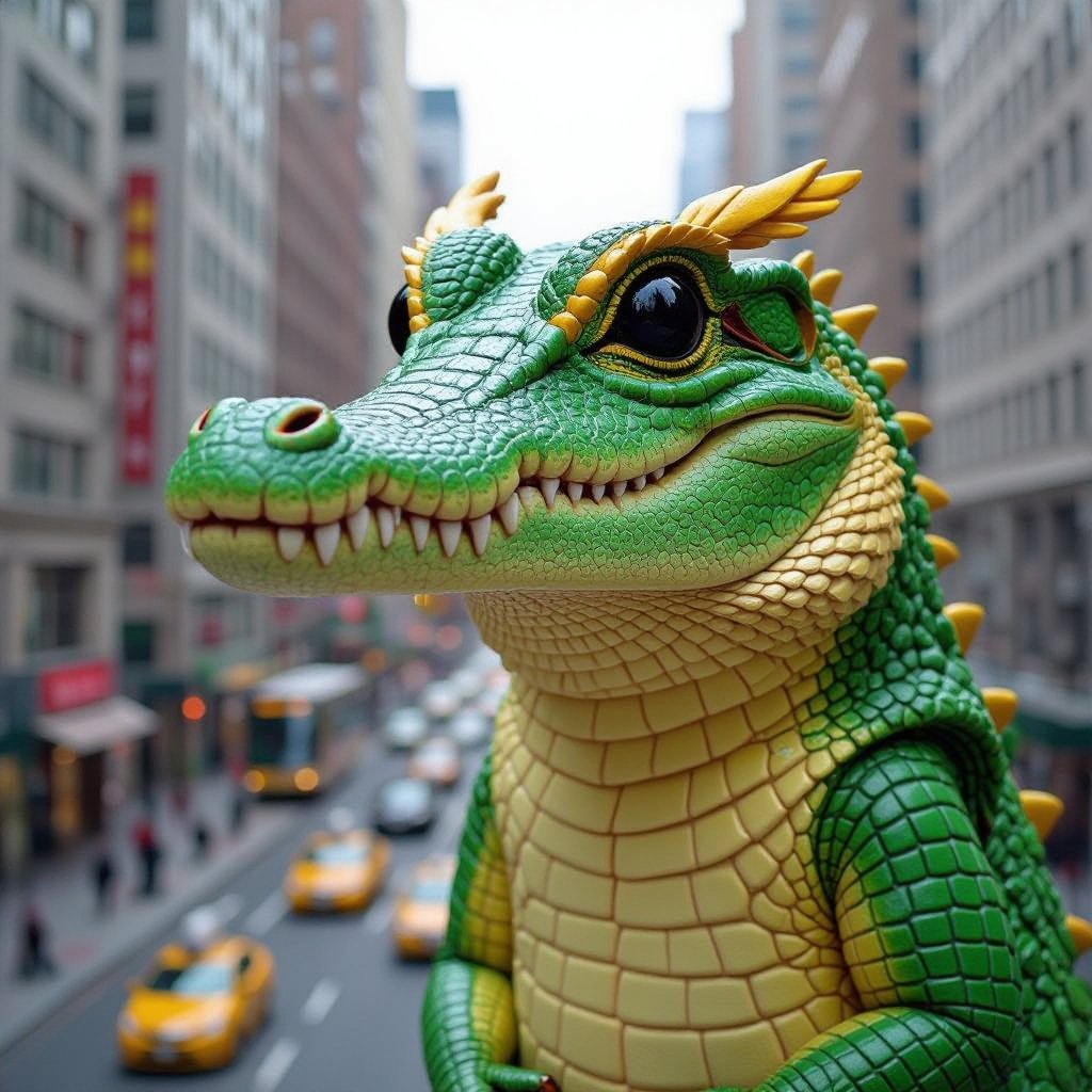 Crocodile with owl body in city