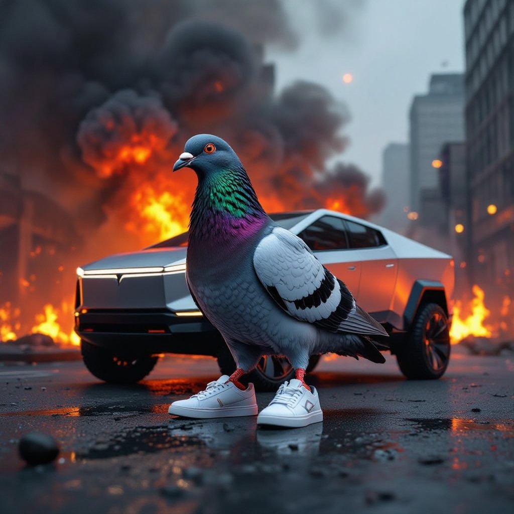 Pigeon with cybertruck body wear 2 white shoes in city on fire