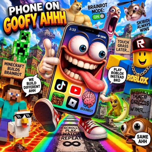 Colorful cartoon meme collage with a grinning phone character and pixelated game figures