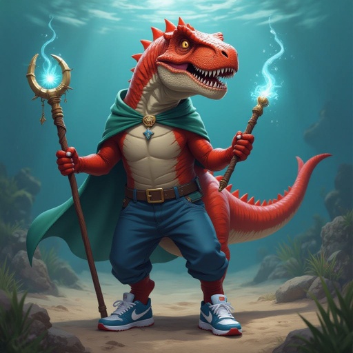 T-rex rosso la coda di uno squalo blu con scarpe Nike e un bastone magico mantello verde e pantaloni blu