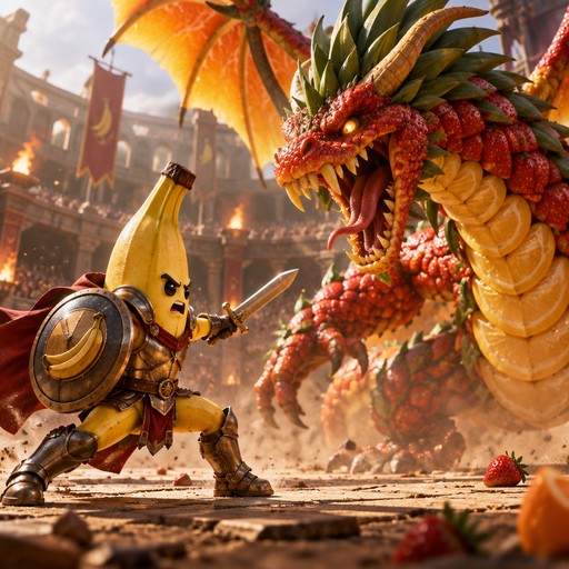 Colorful fantasy dragon confronting armored banana warrior in a fiery city arena