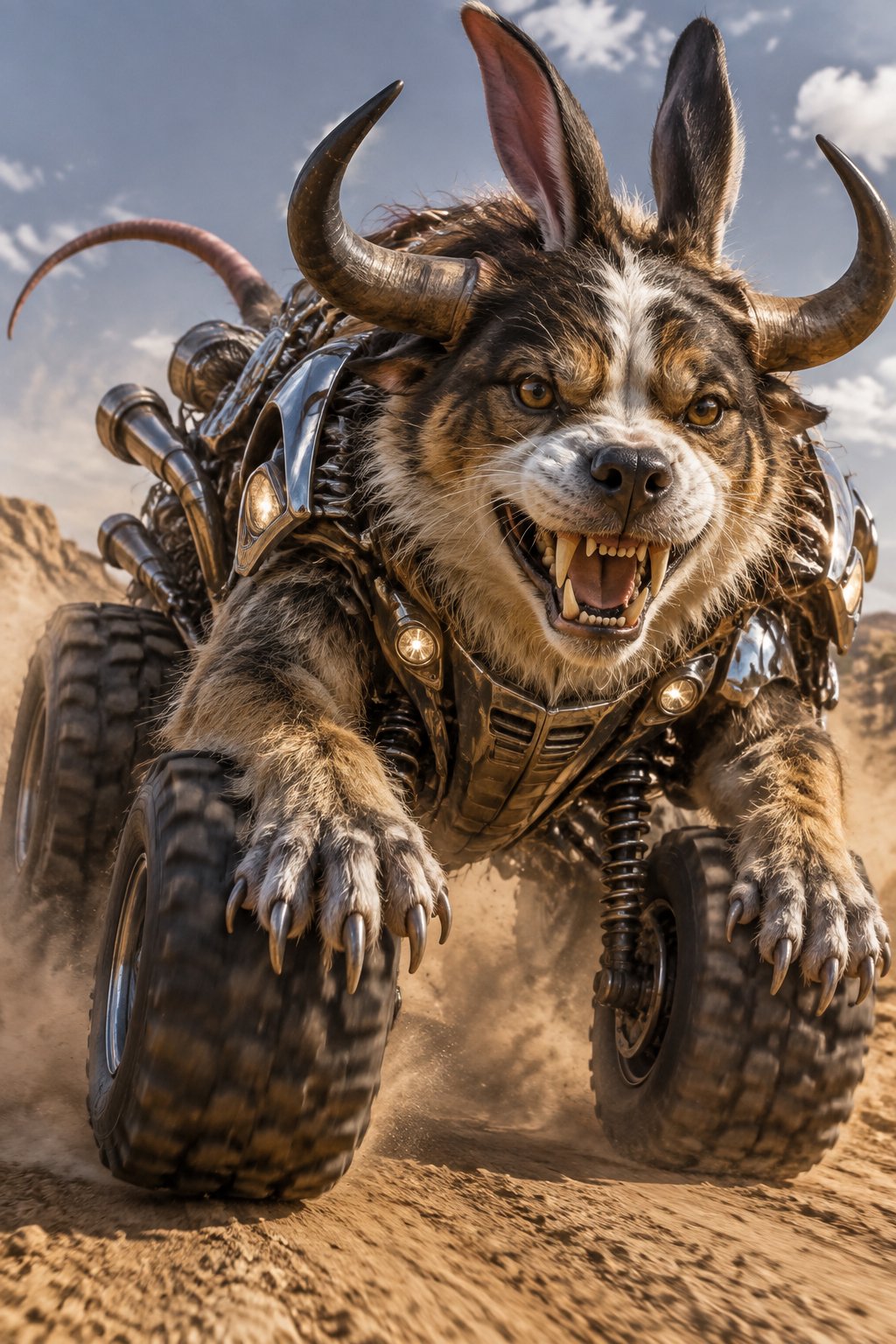 Furry horned creature charging through sand in detailed fantasy digital art