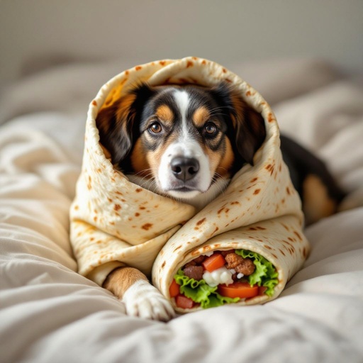 Um cachorro enrolado em um burrito