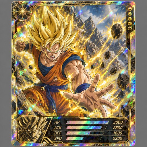 Anime trading card showing a golden-haired fighter reaching forward amid glowing energy effects.