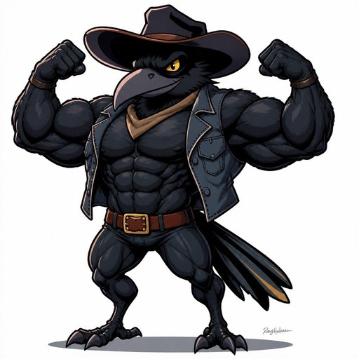 Cartoon black bird character flexing in a leather vest and wide-brimmed hat