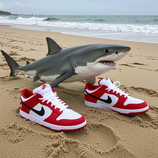 Uno squalo con delle scarpe Nike ai piedi sulla spiaggia
