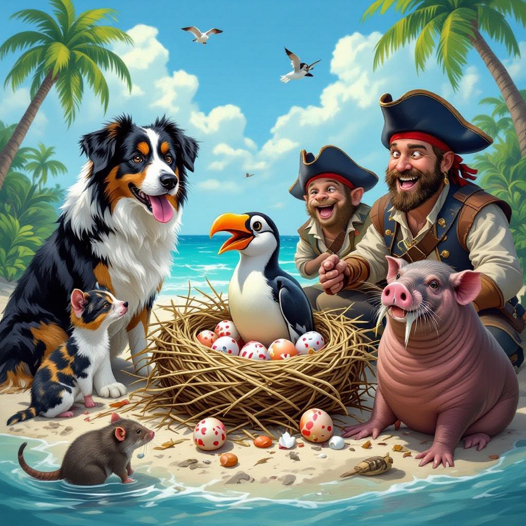 A k-9 dog a calico a Rat a monkey a Pig a walrus was destroying the dodo best and dodo eggs pirates are smileing the dodo Brid are scared