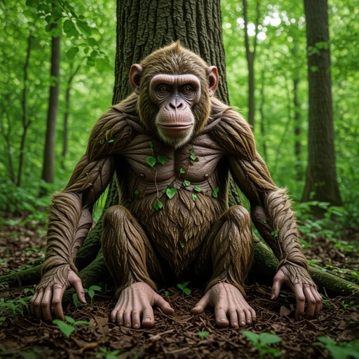 Monkey tree creature body 2 human foot 2 human hand in woods
